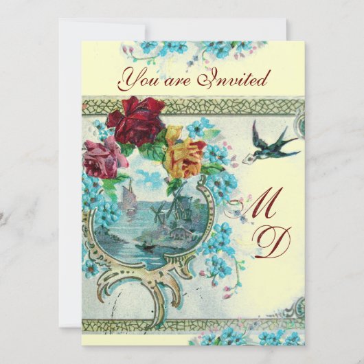 ROMANTİCA 3 ELEGANT GOLD BLUE WEDDING MONOGRAM KAART (Voorkant)