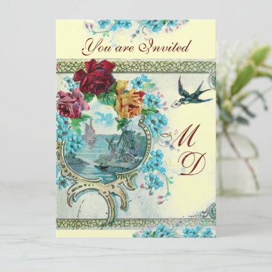 ROMANTİCA 3 ELEGANT GOLD BLUE WEDDING MONOGRAM KAART (Staand voorkant)