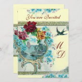 ROMANTİCA 3 ELEGANT GOLD BLUE WEDDING MONOGRAM KAART (Voorkant / Achterkant)