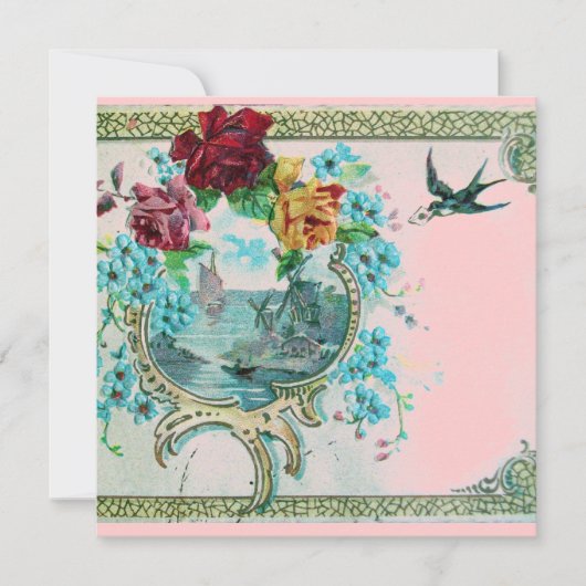 ROMANTICA 3 Floral Blue Pink Wedding Party Kaart (Voorkant)