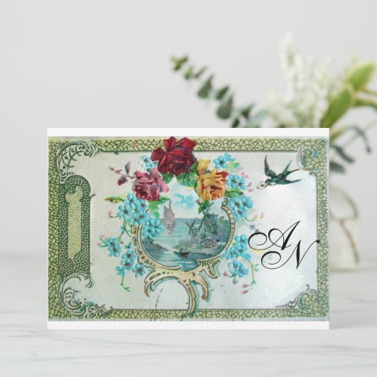 ROMANTİCA 3 MONOGRAM, Blue White Wedding Party Kaart (Staand voorkant)