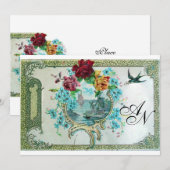 ROMANTİCA 3 MONOGRAM, Blue White Wedding Party Kaart (Voorkant / Achterkant)