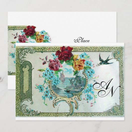 ROMANTİCA 3 MONOGRAM, Blue White Wedding Party Kaart (Voorkant / Achterkant)