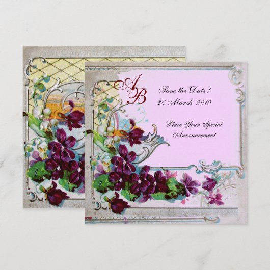 ROMANTICA 4 MONOGRAM, Bloem Paars Roze Bruiloft Save The Date (Voorkant / Achterkant)