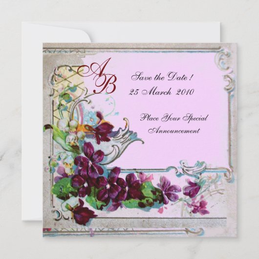 ROMANTICA 4 MONOGRAM, Bloem Paars Roze Bruiloft Save The Date (Voorkant)