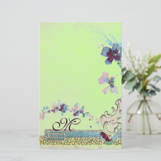 ROMANTİCA Blauw Groen Roze Bruiloft Bloemen Monogr Briefpapier (Staand voorkant)