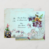 ROMANTICA Bloem Roze Turkoois Blauw Trouw Monogram Save The Date (Voorkant / Achterkant)