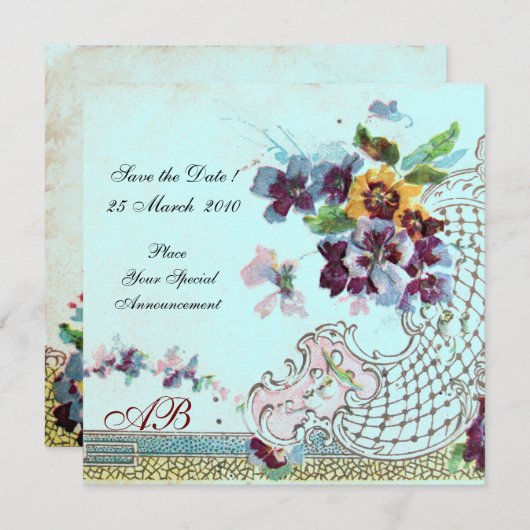 ROMANTICA Bloem Roze Turkoois Blauw Trouw Monogram Save The Date (Voorkant / Achterkant)