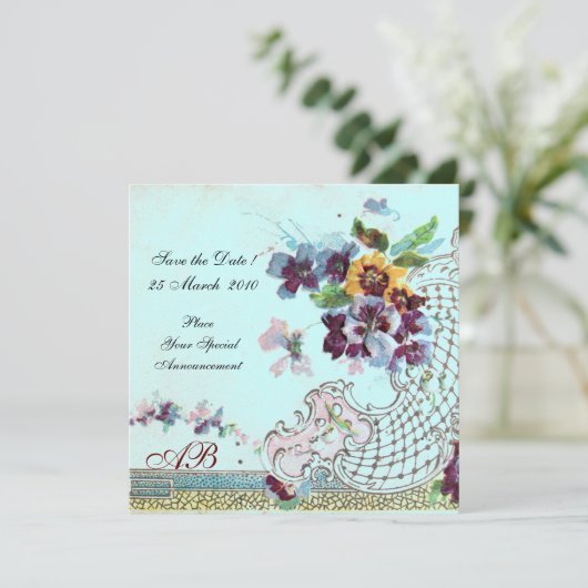 ROMANTICA Bloem Roze Turkoois Blauw Trouw Monogram Save The Date (Staand voorkant)