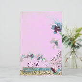 ROMANTİCA Blue Lila Wedding Floral Monogram Briefpapier (Staand voorkant)