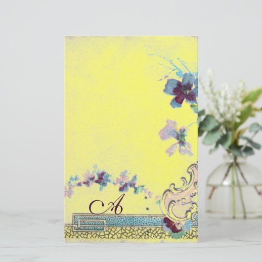 ROMANTİCA Bright Yellow Weddenschap Floral Monogra Briefpapier (Staand voorkant)