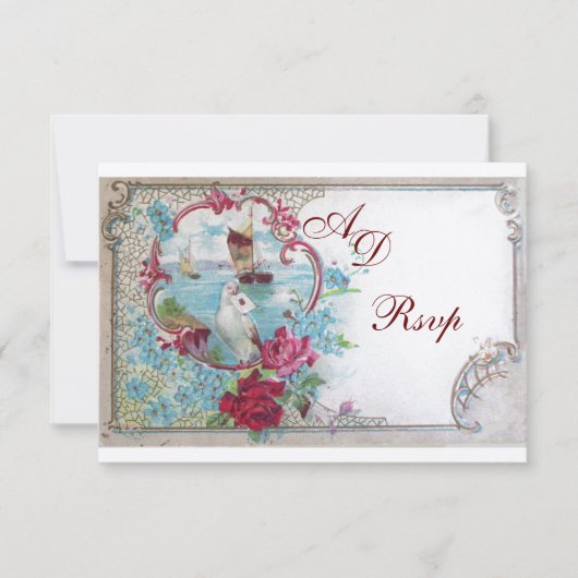 ROMANTICA BRUILOFT MONOGRAM RSVP, rood blauw roze  RSVP Kaartje (Voorkant)