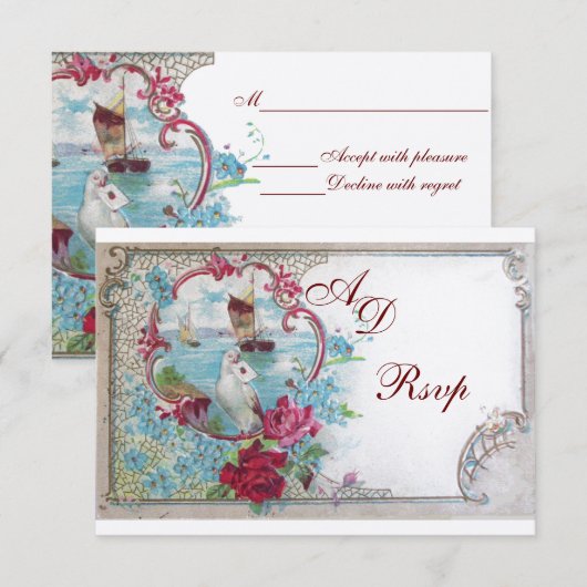 ROMANTICA BRUILOFT MONOGRAM RSVP, rood blauw roze  RSVP Kaartje (Voorkant / Achterkant)