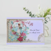 ROMANTICA  MONOGRAM Bloemige Roze Blauwe Bruiloft  Save The Date (Staand voorkant)