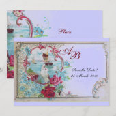 ROMANTICA  MONOGRAM Bloemige Roze Blauwe Bruiloft  Save The Date (Voorkant / Achterkant)