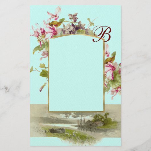 ROMANTİCA MONOGRAM/CYCLAMENS, roze groen blauw Briefpapier (Voorkant)