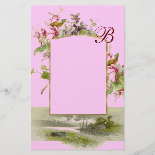 ROMANTİCA MONOGRAM/CYCLAMENS, roze groen Briefpapier (Voorkant)