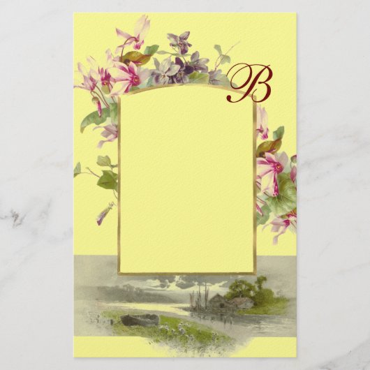 ROMANTİCA MONOGRAM/CYCLAMENS, roze groen geel Briefpapier (Voorkant)