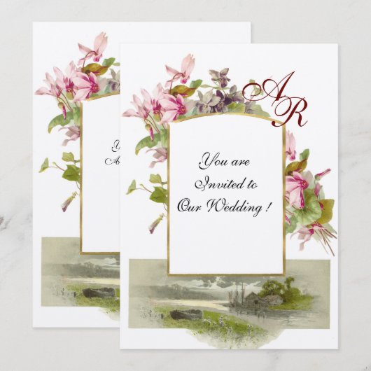 ROMANTİCA MONOGRAM/CYCLAMENS, roze groen vilt Kaart (Voorkant / Achterkant)