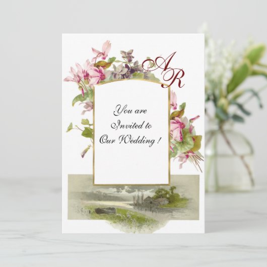 ROMANTİCA MONOGRAM/CYCLAMENS, roze groen wit Kaart (Staand voorkant)