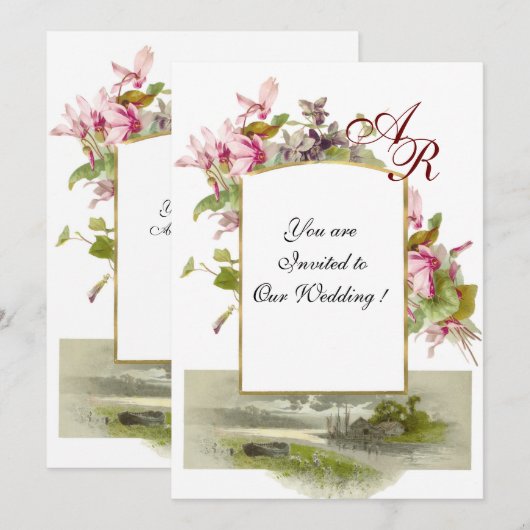 ROMANTİCA MONOGRAM/CYCLAMENS, roze groen wit Kaart (Voorkant / Achterkant)