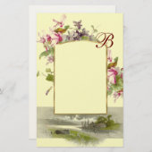 ROMANTİCA MONOGRAM/CYCLAMENS, roze groene crème Briefpapier (Voorkant / Achterkant)
