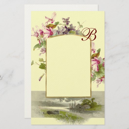 ROMANTİCA MONOGRAM/CYCLAMENS, roze groene crème Briefpapier (Voorkant / Achterkant)