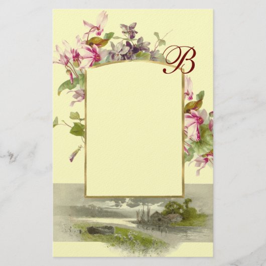 ROMANTİCA MONOGRAM/CYCLAMENS, roze groene crème Briefpapier (Voorkant)