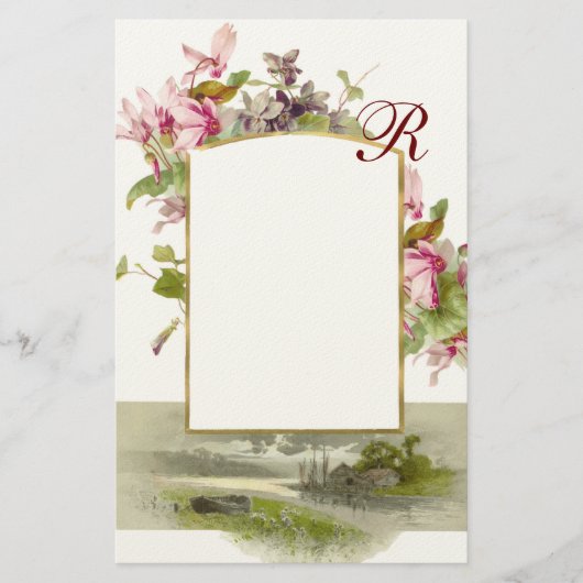 ROMANTİCA MONOGRAM/CYCLAMENS, roze groene crème Briefpapier (Voorkant)