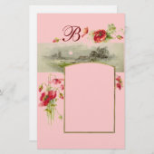 ROMANTİCA MONOGRAM/POPPIËN, rood, groen roze Briefpapier (Voorkant / Achterkant)