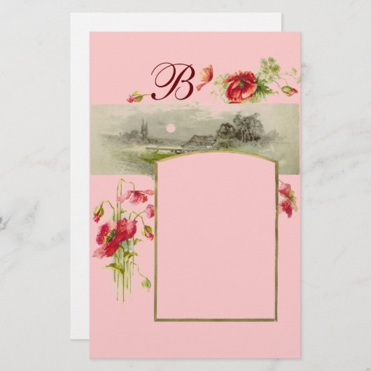 ROMANTİCA MONOGRAM/POPPIËN, rood, groen roze Briefpapier (Voorkant / Achterkant)