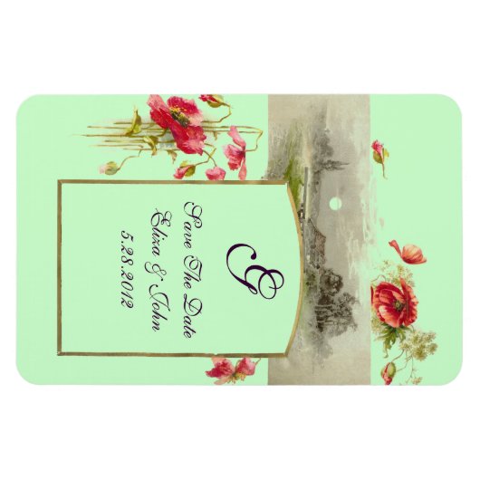 ROMANTİCA MONOGRAM/POPPIES, sparen de Datum, Groen Magneet (Horizontaal)
