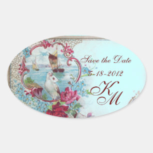 ROMANTICA MONOGRAM, sparen de Datum, Blauw Ovale Sticker