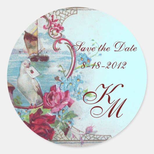 ROMANTICA MONOGRAM, sparen de Datum, blauw Ronde Sticker (Voorkant)