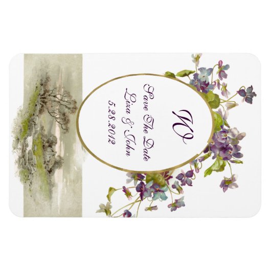 ROMANTİCA MONOGRAM/VIOLETS, slaat de datum op, wit Magneet (Horizontaal)