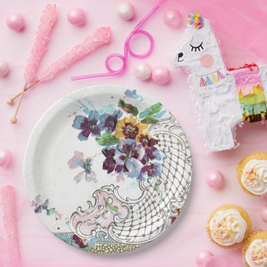 ROMANTICA Pink Blue White Wedding Floral Papieren Bordje (Feest)