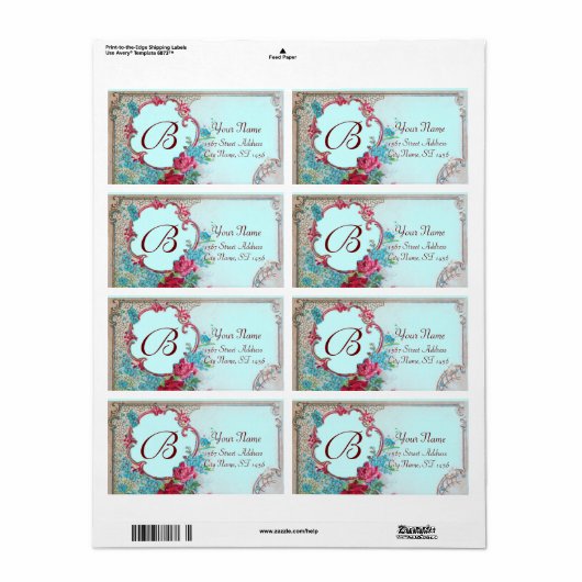 ROMANTICA ROSES, BLUE FLOWERS MONOGRAM Blauwgroen Etiket (Full Sheet)