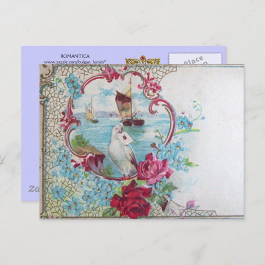 ROMANTICA/ROZEN, BLAUWE BLOEMEN, DUIF MET LETTER BRIEFKAART (Voorkant / Achterkant)