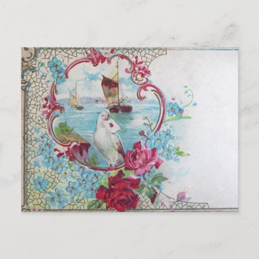 ROMANTICA/ROZEN, BLAUWE BLOEMEN, DUIF MET LETTER BRIEFKAART (Voorkant)