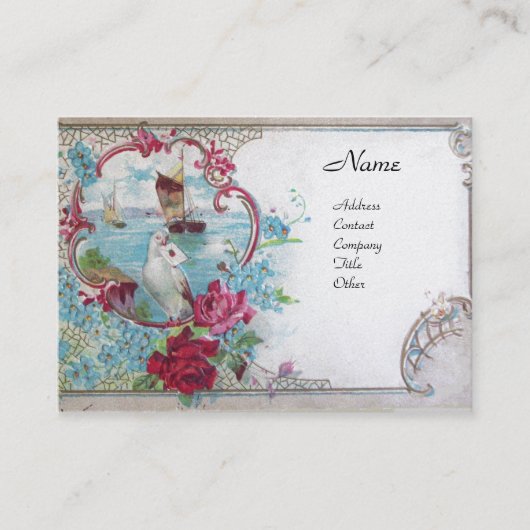 ROMANTICA, ROZEN, BLAUWE STROMEN, witte duif Visitekaartje (Voorkant)