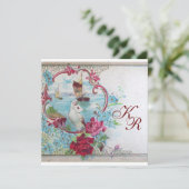 ROMANTICA/WITTE DUIF, ROZEN BLOEMEN HUWELIJK MONOG AANKONDIGING (Staand voorkant)