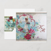 ROMANTICA/WITTE DUIF, ROZEN FLORALE TROUW-MONOGRAM AANKONDIGING (Voorkant / Achterkant)