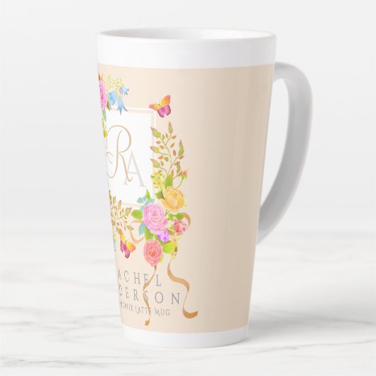 Romantiek Bloeiende Tuin Monogram Beige Latte Mok (Rechterhoek)