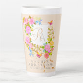 Romantiek Bloeiende Tuin Monogram Beige Latte Mok (Voorkant)