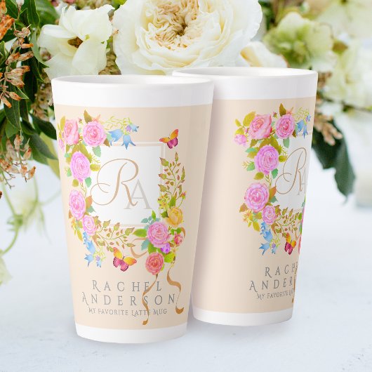 Romantiek Bloeiende Tuin Monogram Beige Latte Mok