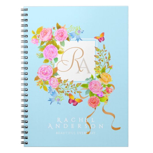 Romantiek Bloeiende Tuin Monogram Blauw Notitieboek (Voorkant)