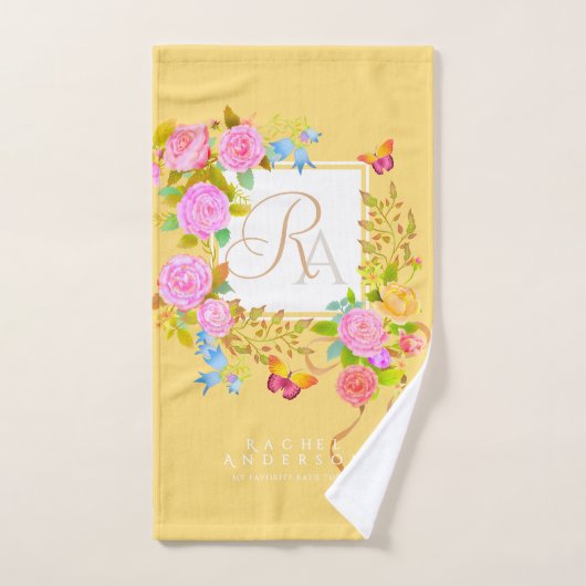 Romantiek Bloeiende Tuin Monogram Goud Geel Bad Handdoek (Handdoek)