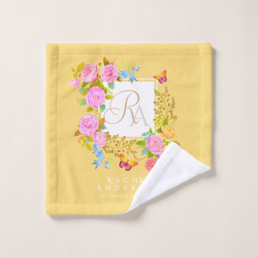 Romantiek Bloeiende Tuin Monogram Goud Geel Bad Handdoek (Wasdoekje)