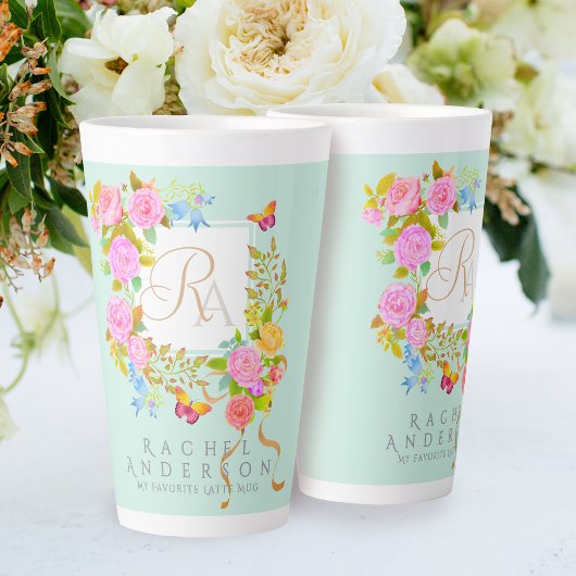 Romantiek Bloeiende Tuin Monogram Groene Latte Mok