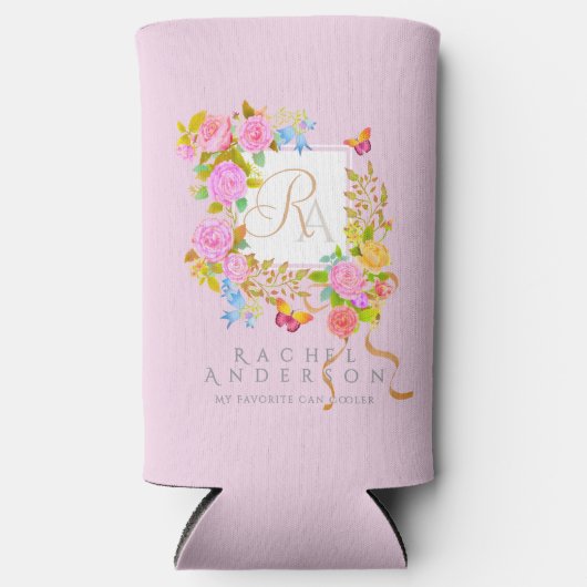 Romantiek Blooming Garden Monogram Roze Seltzer Blikjeskoeler (Voorkant)